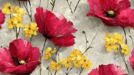   A painting depicts red and yellow poppies on a white-gray background, with flowers placed on the left side