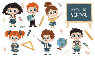 Set of flat vector illustrations on school theme in simple child style. Cute boys and girls in school uniform with books, backpack and globe. 
