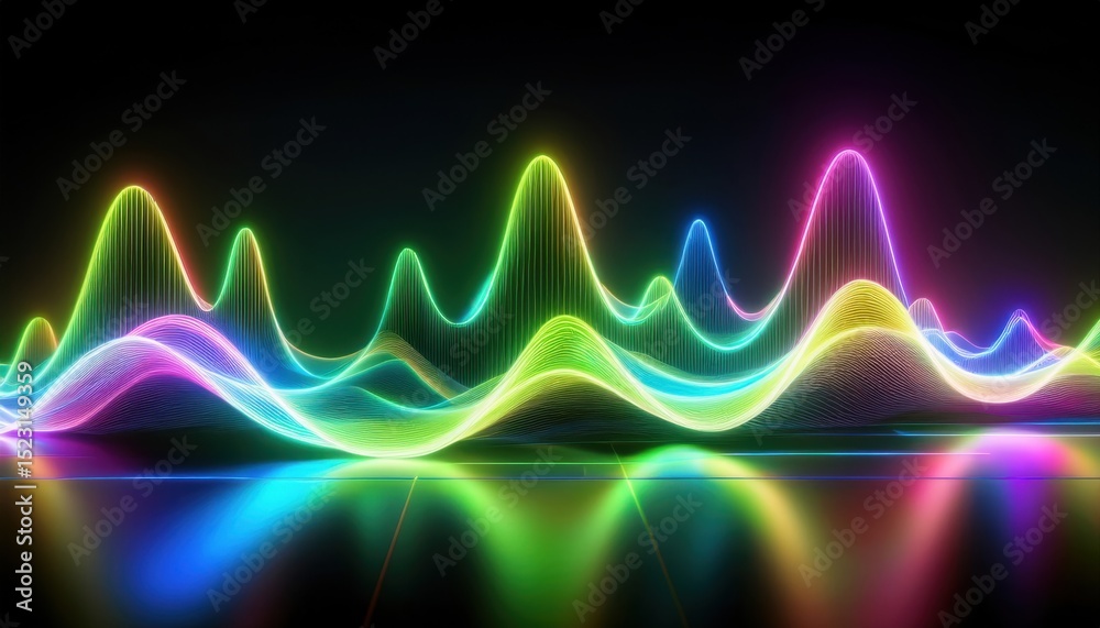 Leinwandbilder vibrant neon waveform curve glowing in darkness with rainbow color spectrum and smooth gradient reflection for abstract web design, futuristic branding, or dynamic digital print background

