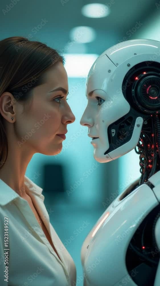 Poster a person standing next to a robot in a room, informative phrase about the picture and a short advice