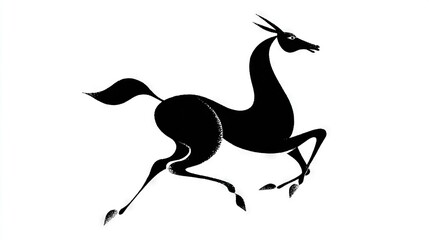   A black and white silhouette of a horse with a long tail on a white background