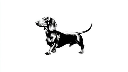   A monochromatic illustration of a Dachshund dog on a white backdrop with a black silhouette