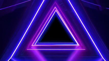 Glowing purple neon triangular tunnel with dynamic light reflections creating futuristic sci-fi video frame effect - Powered by Adobe