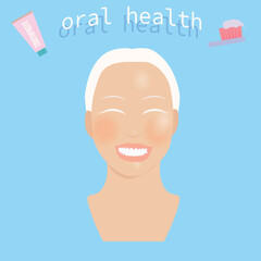 oral health poster with girl with a big smile on her face, toothpaste and toothbrush vector illustration