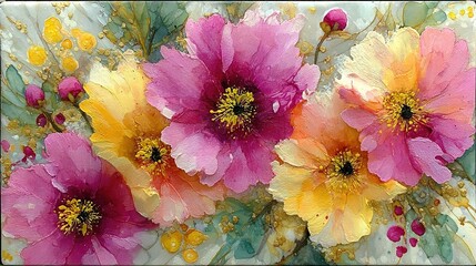   A cluster of vibrant pink and yellow blossoms adorns a white-yellow tablecloth, positioned atop a table