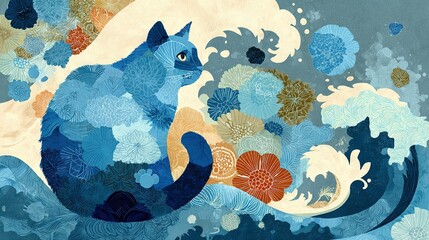  A painting of a blue cat perched atop a wave of vibrant blue-orange blossoms, with a full moon in the background
