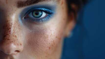 Close-up of a woman's face. she has a fair complexion and her skin is covered in freckles. her eyes are a deep blue color and her eyeliner is a lighter shade of blue.