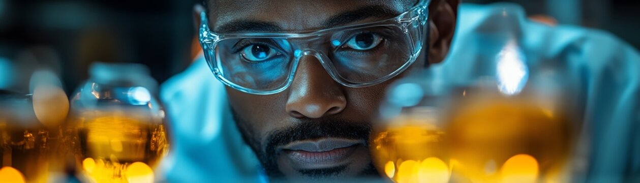 African scientist examining alien artifact in lab