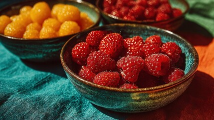   A bowl of strawberries, oranges, and raspberries sits on a blue cloth on a table