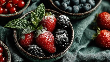   A platter of strawberries, blueberries, and raspberries dusted with powdered sugar on a verdant fabric
