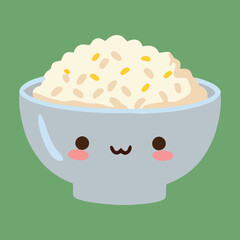 Cute cartoon illustration of a bowl of rice with a kawaii face on a green background