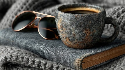   A pair of sunglasses sits on top of a book next to a cup of coffee on top of a blanket