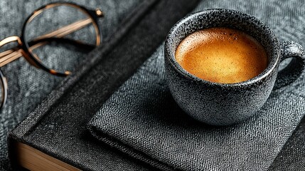   A cup of coffee perched atop a book, nestled beside spectacles on a tabletop