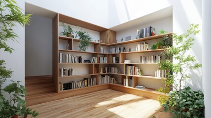 Fototapeta premium Modern corner bookcase in a sunlit room