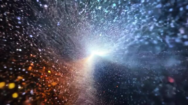 Dynamic sci-fi space warp animation with glowing blue orange particles creating futuristic cosmic travel video frame effect