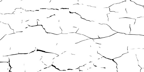 Create a high-contrast black and white image of a network of fine cracks on a white surface. The cracks should appear as thin, irregular black lines branching and intersecting across the frame, 