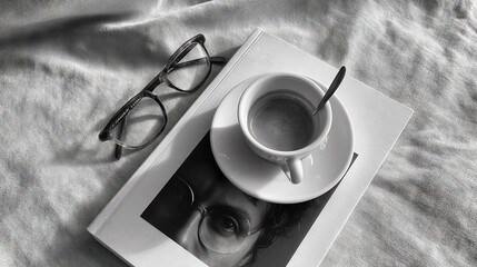   A mug of joe atop a novel beside spectacles on a mattress