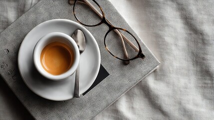   A cup of coffee on a bed with a plate, glasses, and napkin