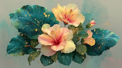   A painting featuring pink and yellow flowers on a blue-green canvas with gold accents
