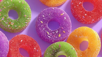   A close-up of multiple doughnuts adorned in sprinkles on a purple background