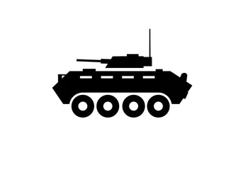 Fototapeta premium A black silhouette of an armored vehicle with a turret and four wheels on a white background image view