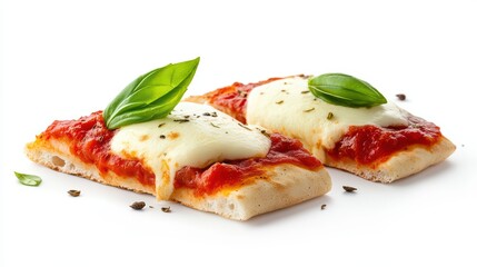 A classic Margherita pizza slice topped with melted mozzarella, fresh basil, and tomato sauce on a white background