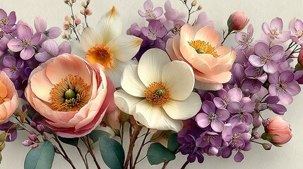   A zoomed-in photo of a bouquet of varied hues against a pristine backdrop, featuring prominently purple and pink blossoms