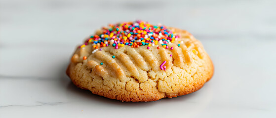 Close Up Of Sprinkled Round Cookie On Marble Surface