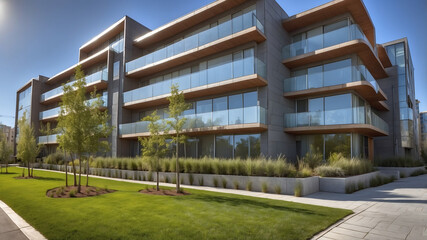 Modern Apartment Building with Green Landscaping and Glass Balconies