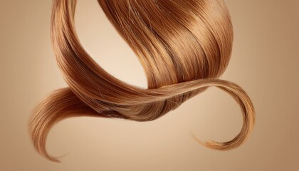 luxurious flowing strand of shiny strawberry blonde hair in elegant wave against warm beige background for haircare branding, cosmetic ad, web design, or beauty product packaging


