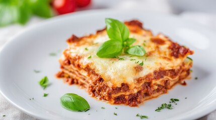  Lasagna on a white plate, topped with cheese and sauce, garnished with leaves