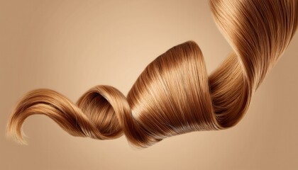 luxurious flowing strand of shiny strawberry blonde hair in elegant wave against warm beige background for haircare branding, cosmetic ad, web design, or beauty product packaging

