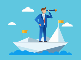 Entrepreneur Searching for Prosperity While Balancing on Paper Boat in Calm Blue Waters