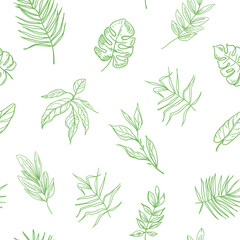 Palm leaves, tropical plants, seamless pattern, vector sketch, hand drawn, monochrome