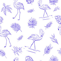 Palm leaves, tropical plants, seamless pattern, vector sketch, hand drawn, monochrome