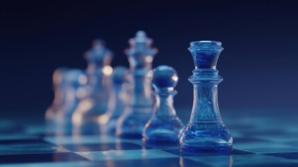 Chessboard with several chess pieces on it. the background is a deep blue color, and the focus is on the chessboard and the pieces.