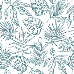Palm leaves, tropical plants, seamless pattern, vector sketch, hand drawn, monochrome
