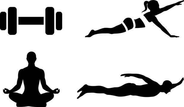 Fitness workout exercise gym yoga swimming training silhouette health lifestyle wellness activity routine editable stock vector illustration