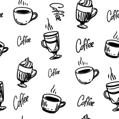 Coffee drinks, cappuccino, latte, seamless pattern, vector sketch hand drawn monochrome