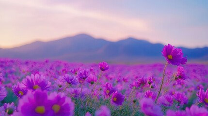 Obraz premium Lush purple cosmos field at sunset