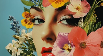Colorful Abstract Paper Collage of a Young Woman and Botanical Accents