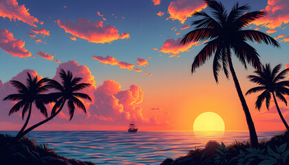 Golden tropical sunrise casting warm hues over swaying coconut palm trees and sparkling Caribbean sea., comic art. White tone