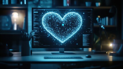A heart-shaped hologram composed of dancing data particles above a minimalist desk