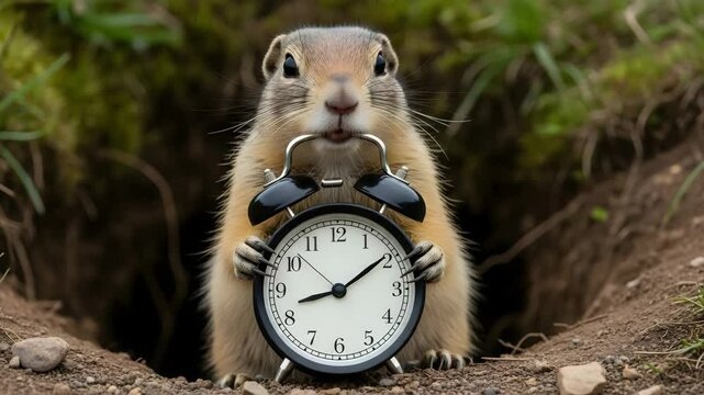 European ground squirrel holding alarm clock, outdoors, for time management concepts