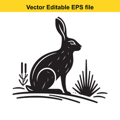 Vector illustration of a black silhouette of a hare sitting in a field of grass