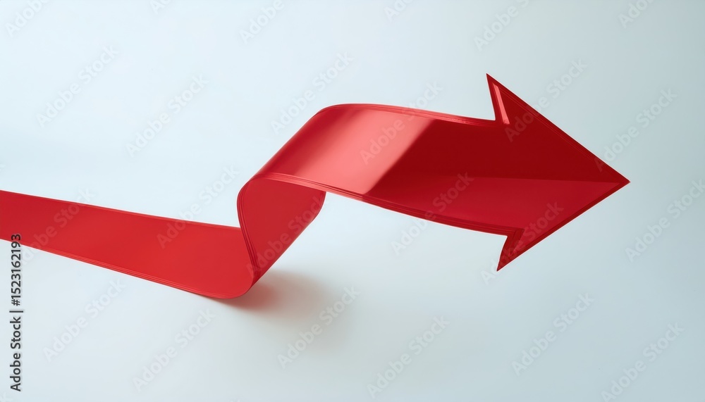Poster dynamic red ribbon arrow with glossy 3d curvature rising diagonally on light background for growth concept, data trend visual, branding element, or modern infographic design

