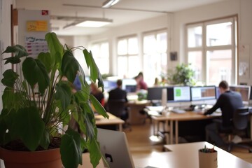 Modern Office with Employees Working Amid Plants and Natural Light for Focused Atmosphere