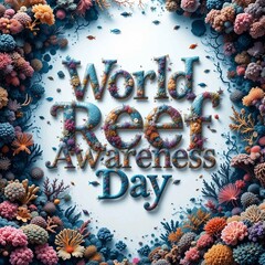 On a white background there is a large inscription "World Reef Awareness Day". The inscription is made in a beautiful font, decorated with corals and sea patterns.