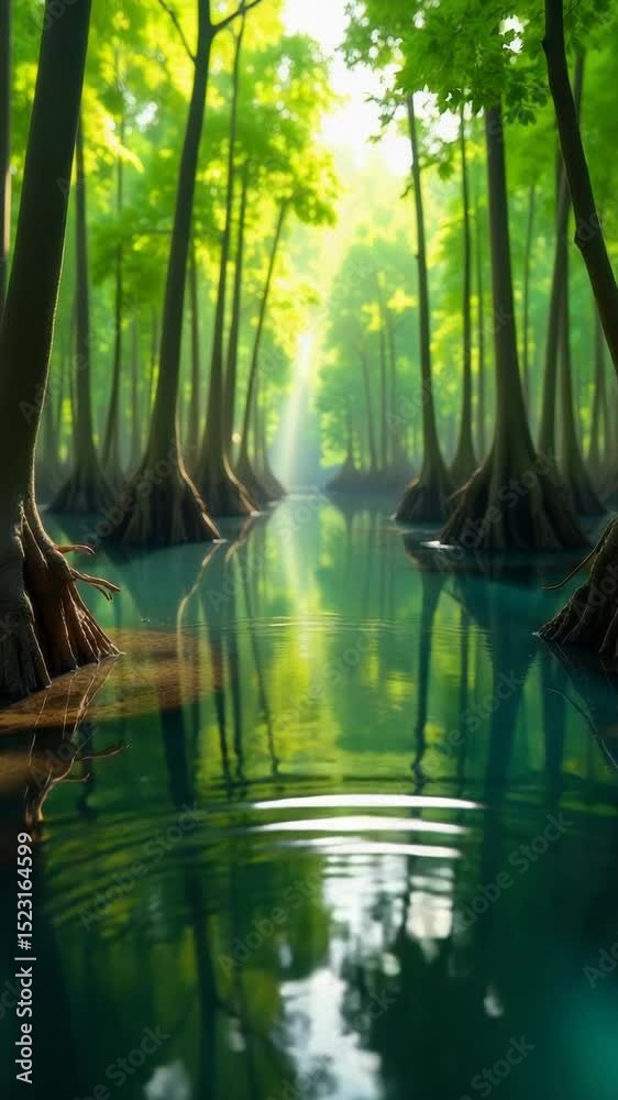 Poster a serene river flows through a dense forest surrounded by tall trees