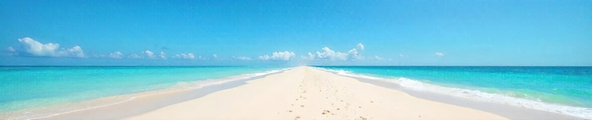 Endless horizon of pristine sandy beach stretching to the calm ocean under a clear blue sky Perfect for travel, vacation, or relaxation themes , coastal, beach